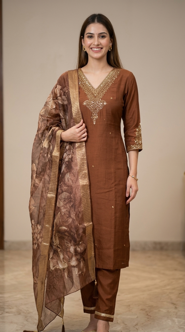 Pure Mul Festive Straight Suit With Embellished Neckline