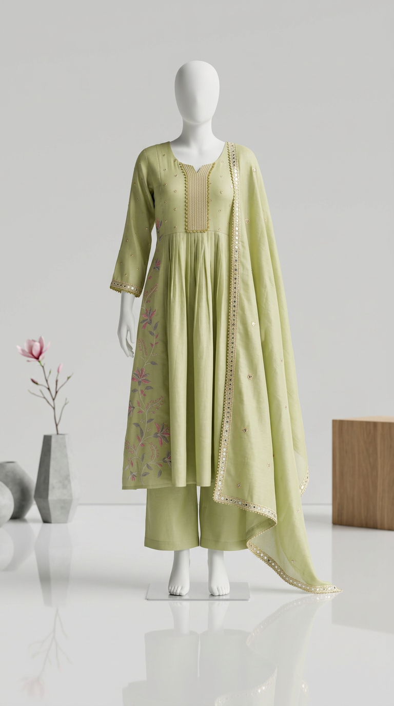 Pure Mul Chanderi Suit In Angrakha Silhouette view 2