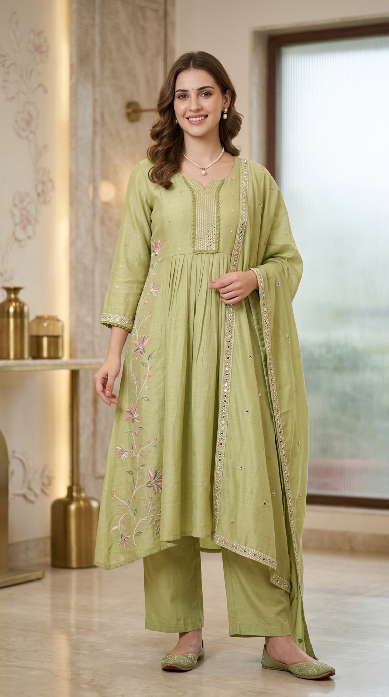 Pure Mul Chanderi Suit In Angrakha Silhouette view 3