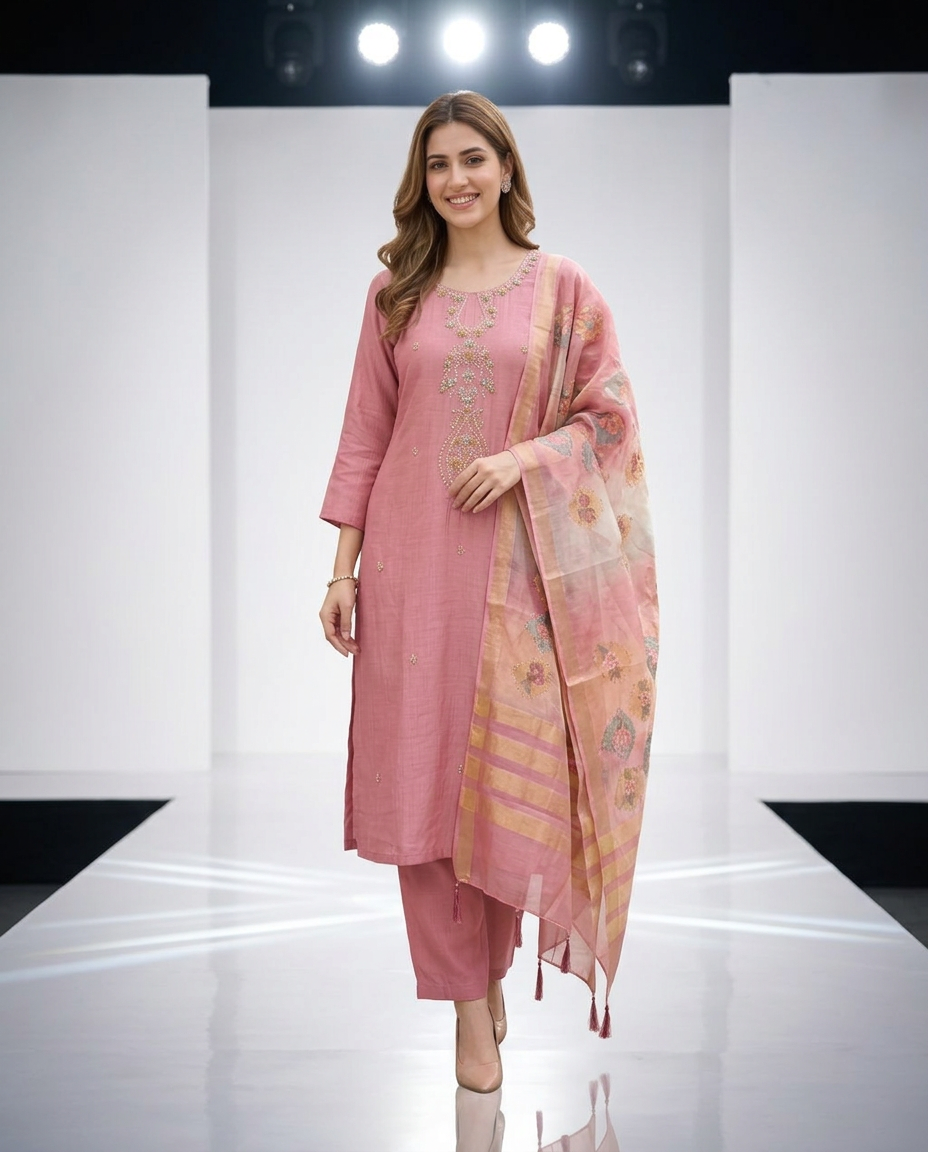 Pink Embellished Kurta Set view 3