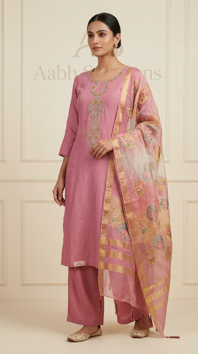 Pink Embellished Kurta Set view 2