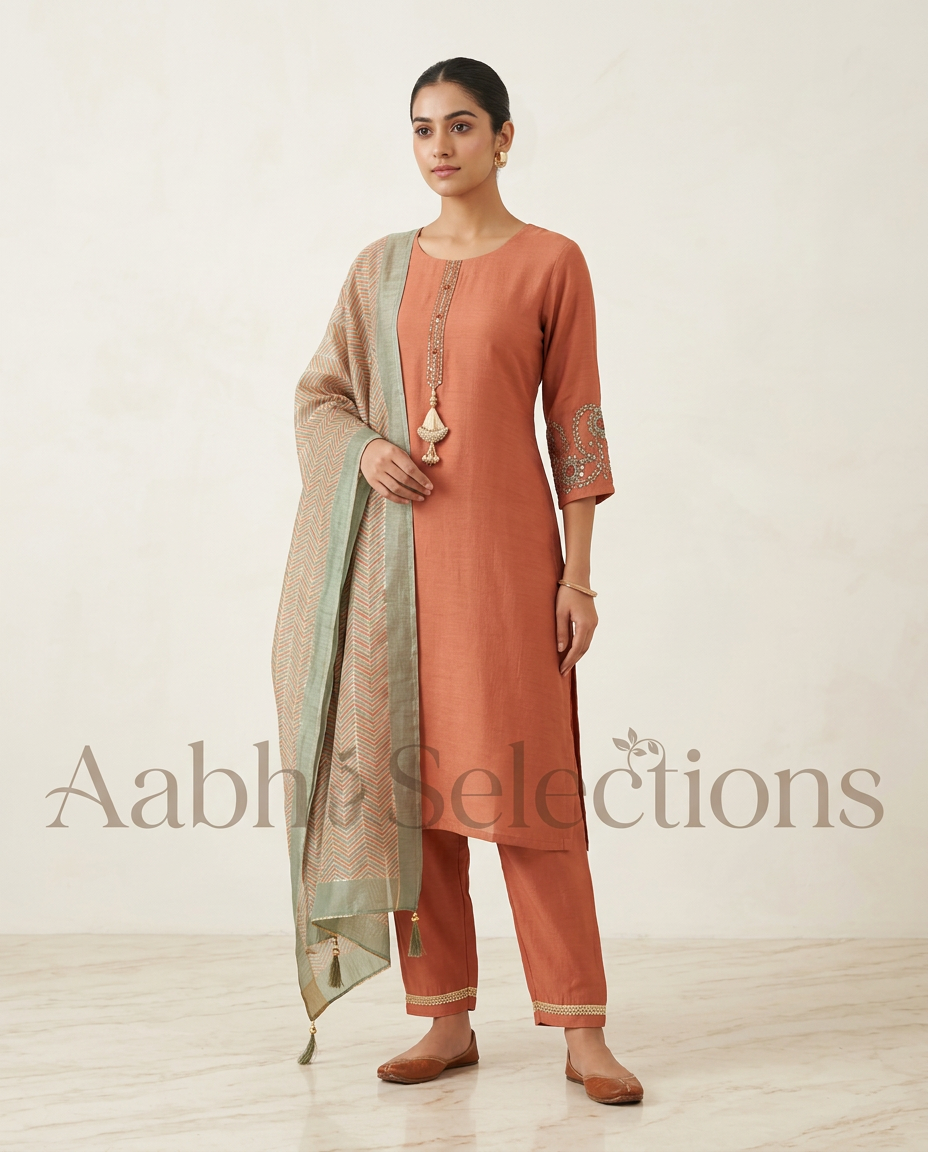 Pure Crush Fabric 3 Pcs Suit With Embroidery Tassel Detailing Neck view 2