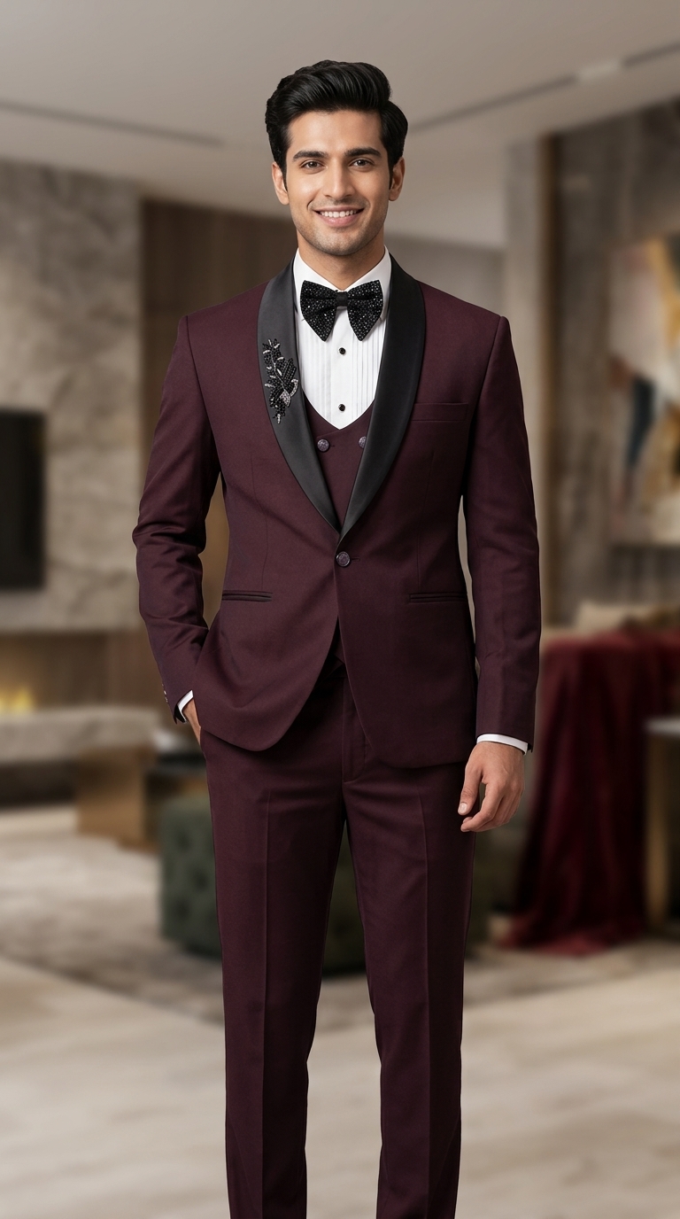 Maroon Embellished Tuxedo