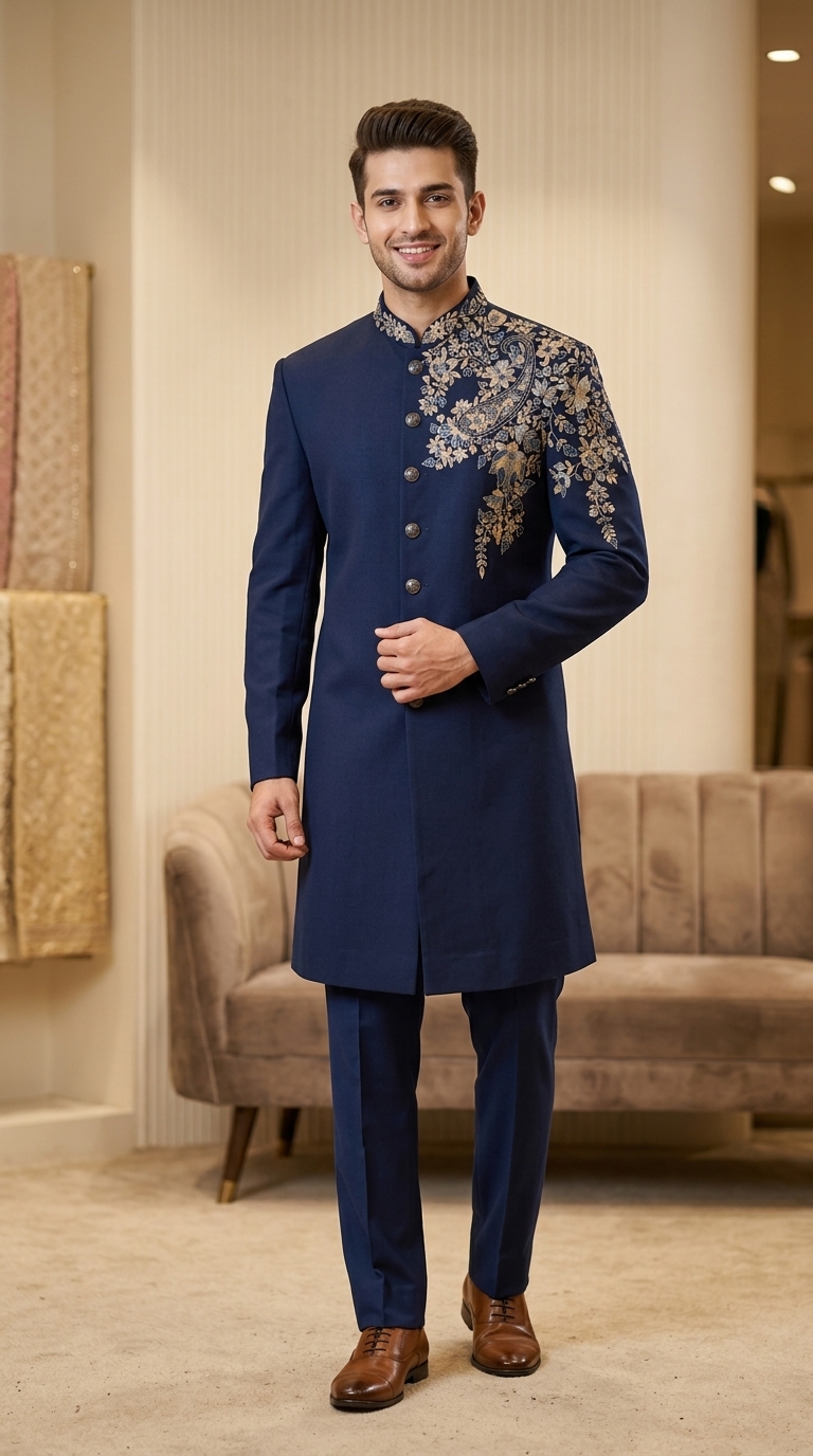Embroidered Navy Blue Sherwani
