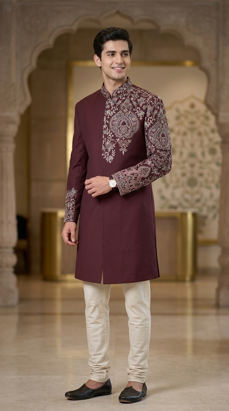 Embroidered Burgundy Sherwani