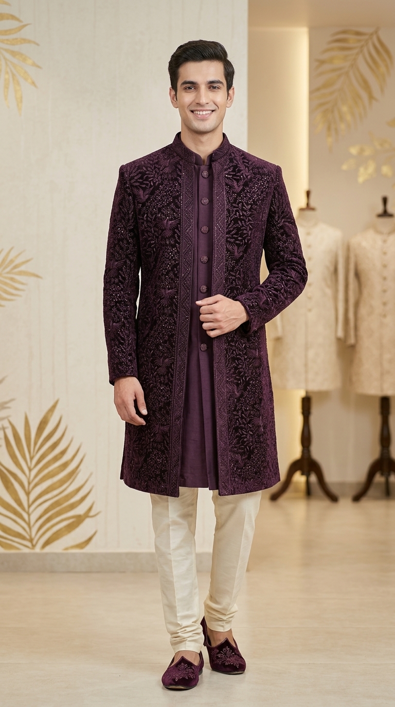 Embroidered Velvet Sherwani