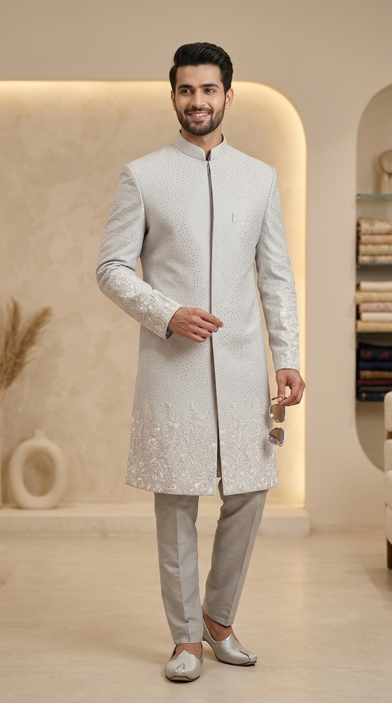 Embellished White Sherwani