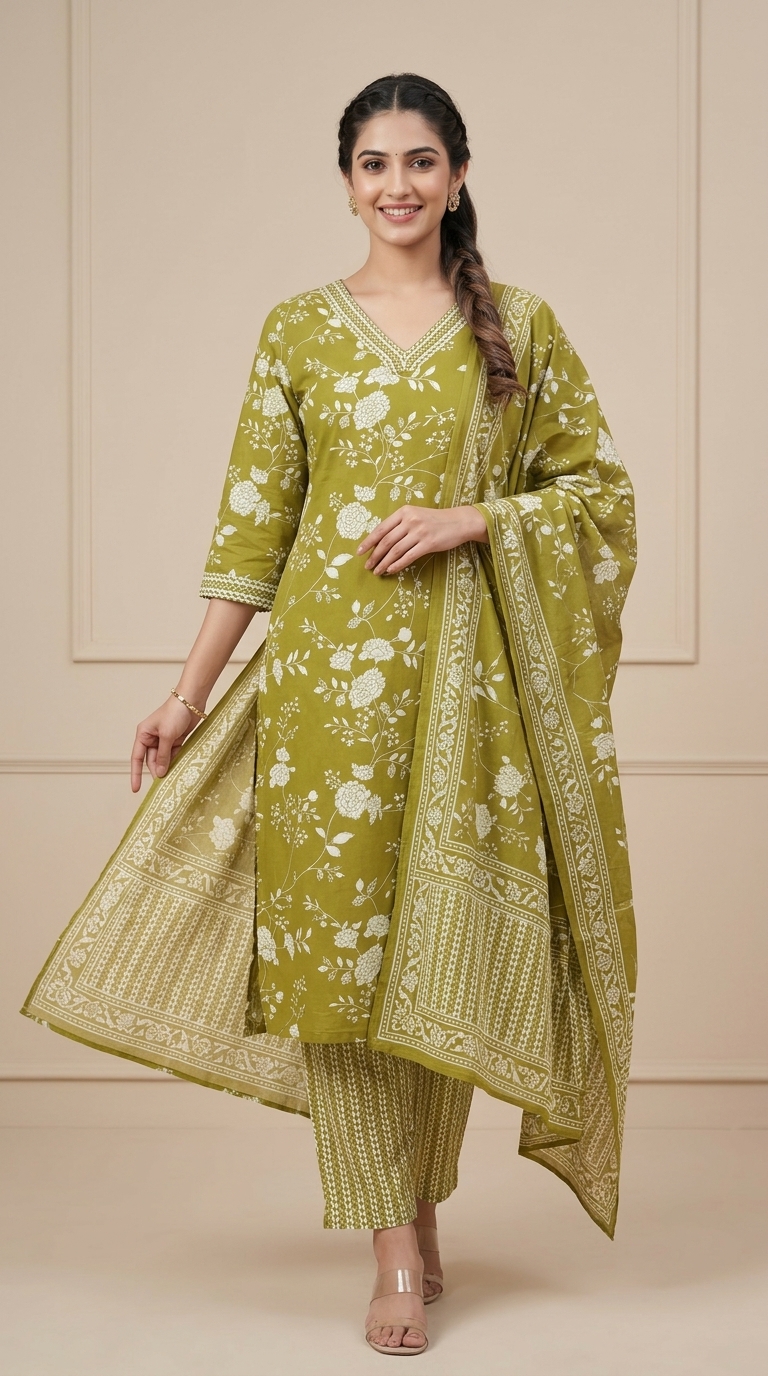 Pure Cotton Floral Print Straight Suit view 3