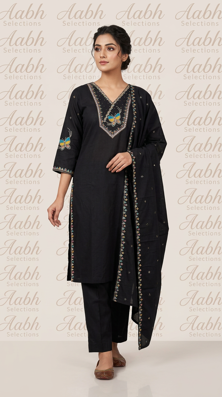 Pure Cotton Straight Suit With Embroidered Neckline view 3