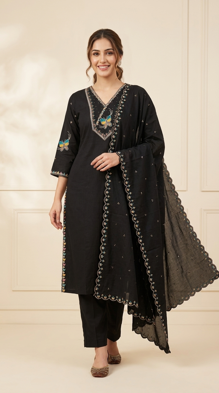 Pure Cotton Straight Suit With Embroidered Neckline view 2