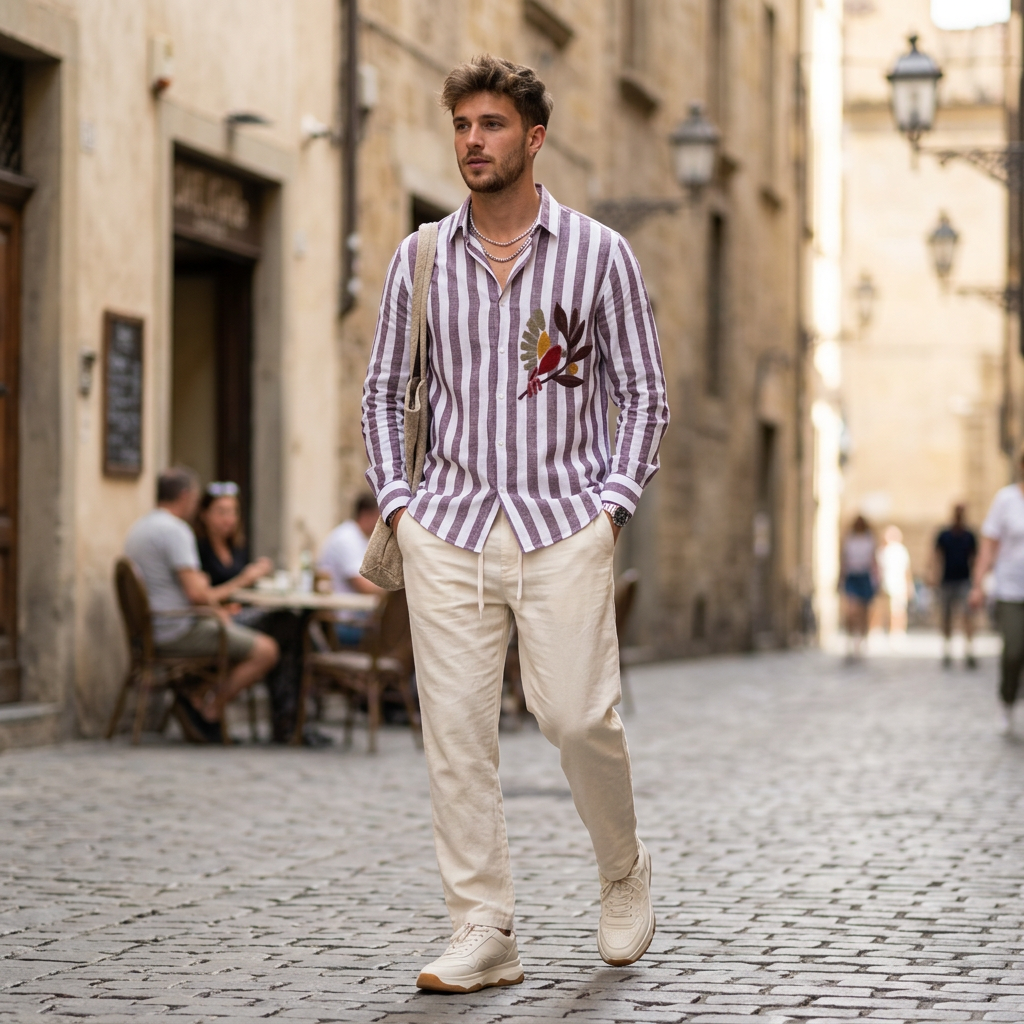 Urban Style Striped Shirt and Cream Trousers