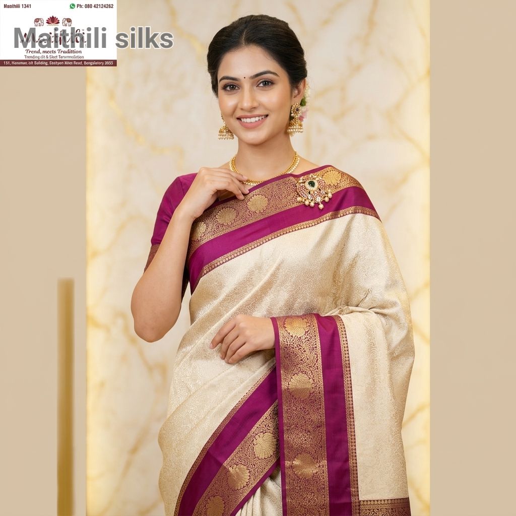 Beige and Purple Silk Saree