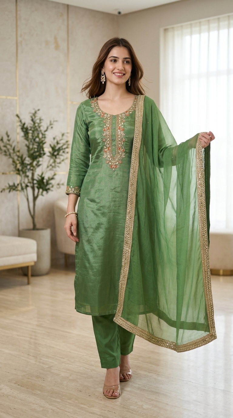 Pure shimmer 3 Pcs Unstitched Suit With Zari Work On Neckline view 2
