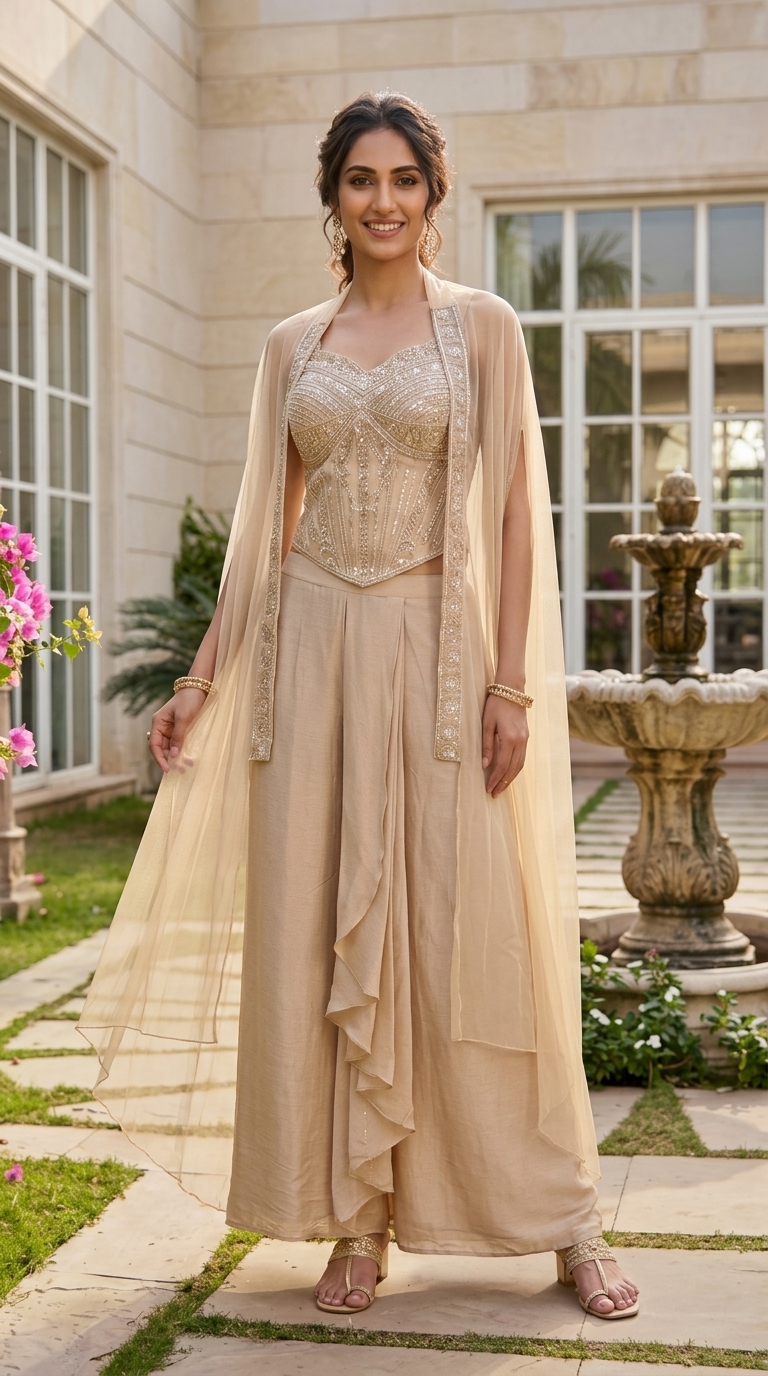 Embellished Ivory Cape Indo Western Set view 2