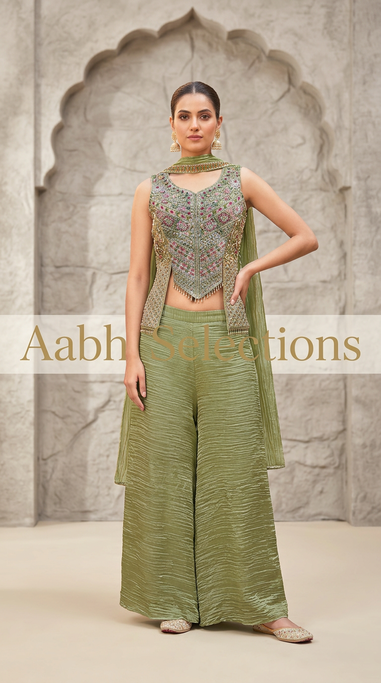 3 Pcs Indo Western In Crush Fabric With Heavy Top And Flared Pants view 3
