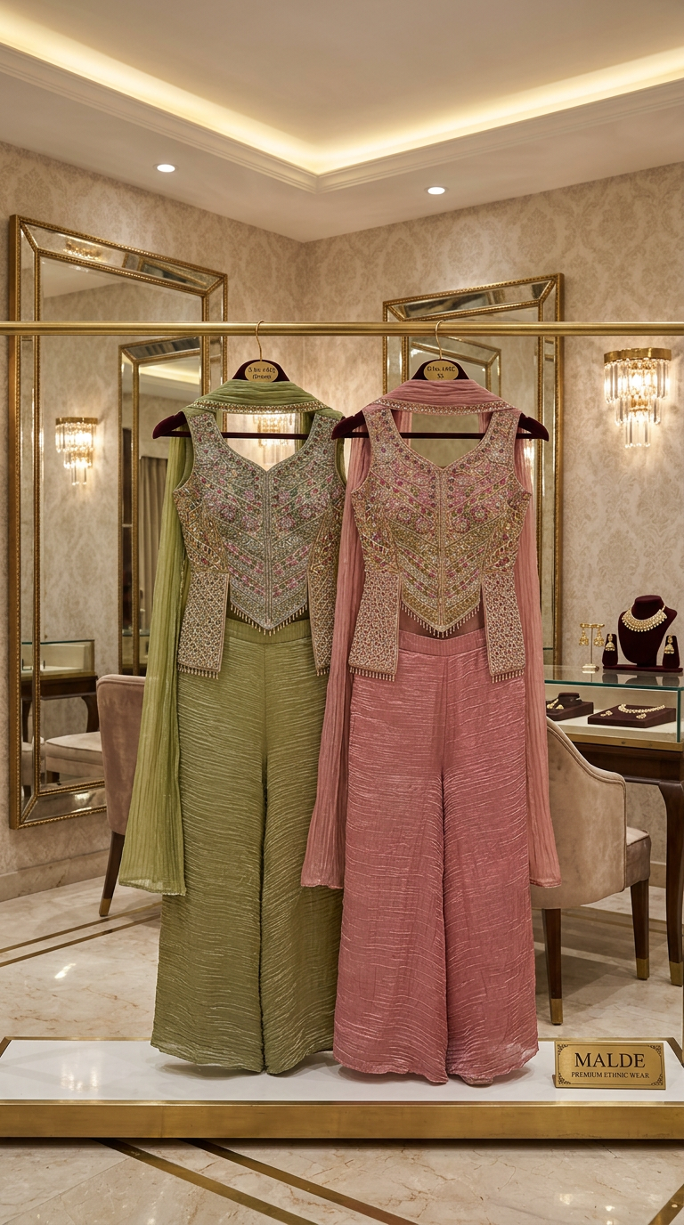 3 Pcs Indo Western In Crush Fabric With Heavy Top And Flared Pants view 2