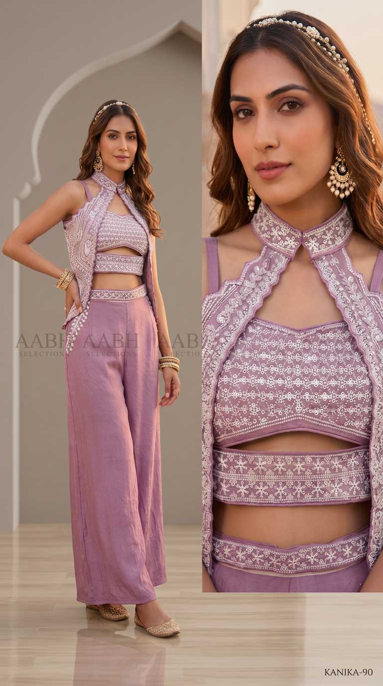 Very Stylish 3 Pcs Set In Mauve Color With Heavy Top And Flaired Divider view 2