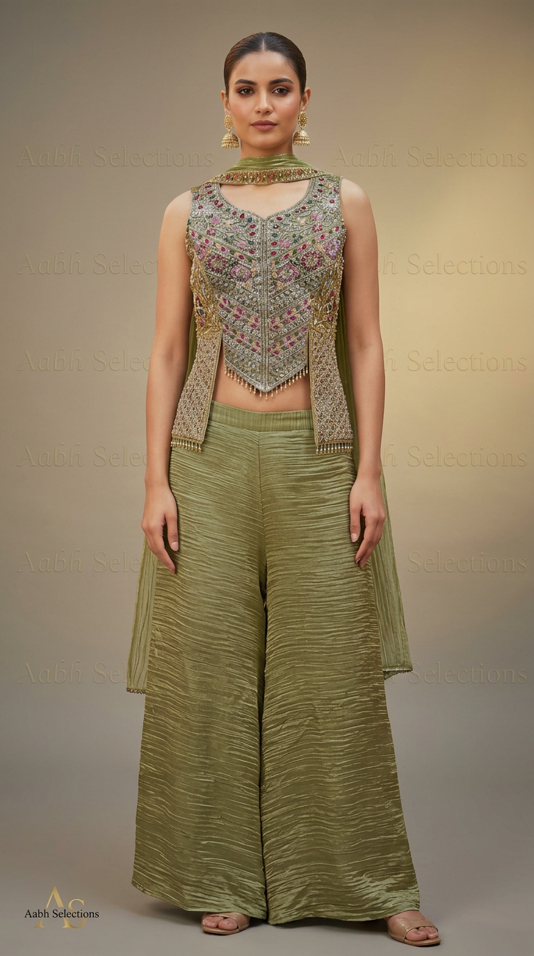 3 Pcs Indo Western In Crush Fabric With Heavy Top And Flared Pants