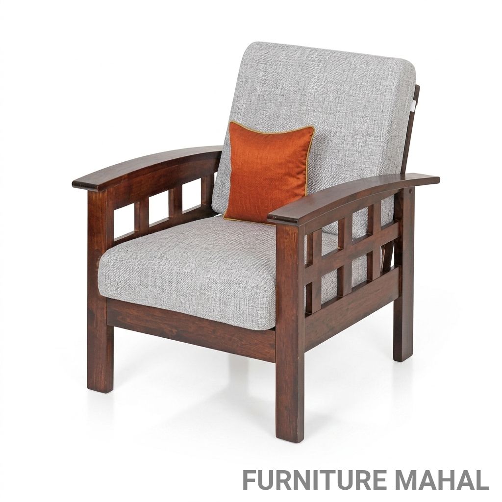 Wooden Armchair with Grey Cushion view 2