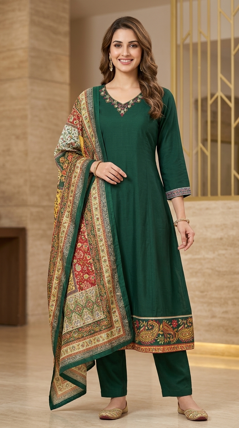 Green Embroidered Kurta Set view 3