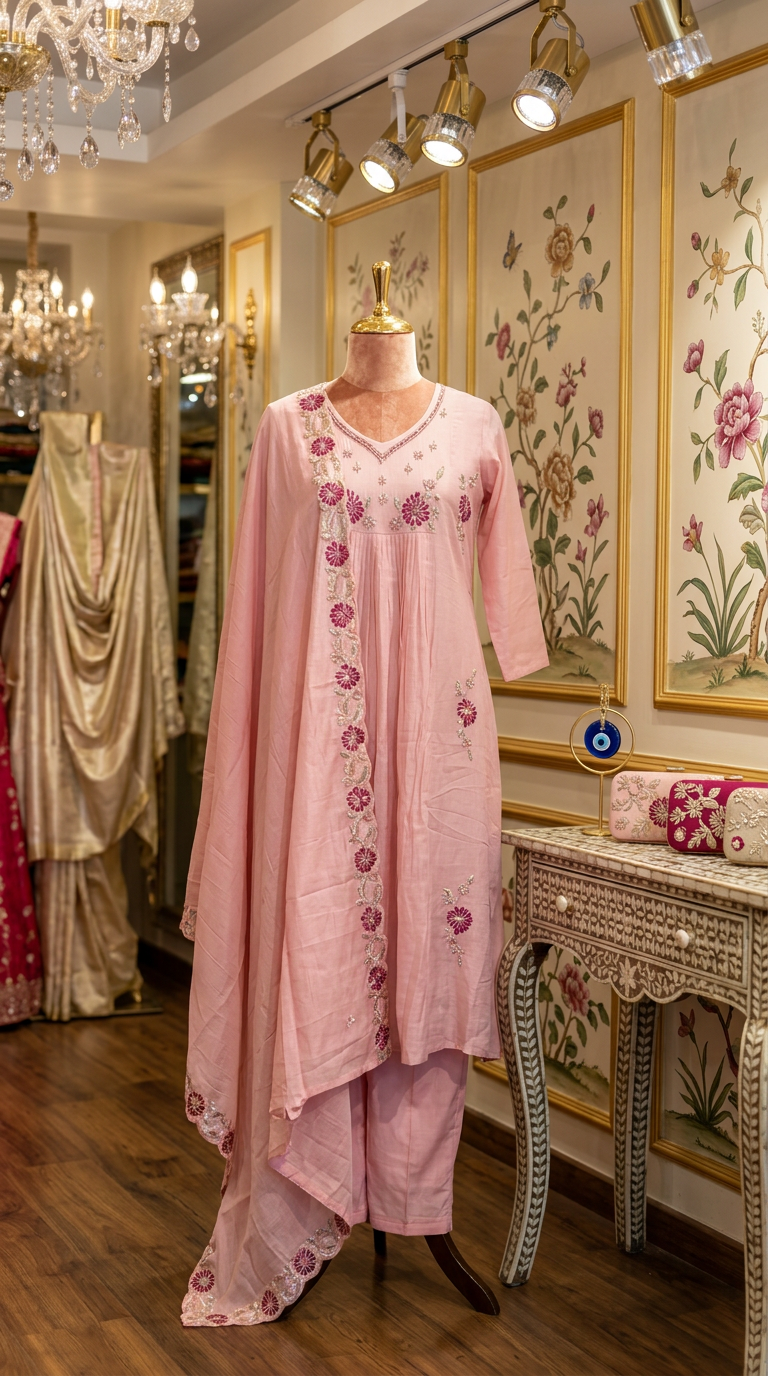 Pink Embroidered Cotton Suit view 3