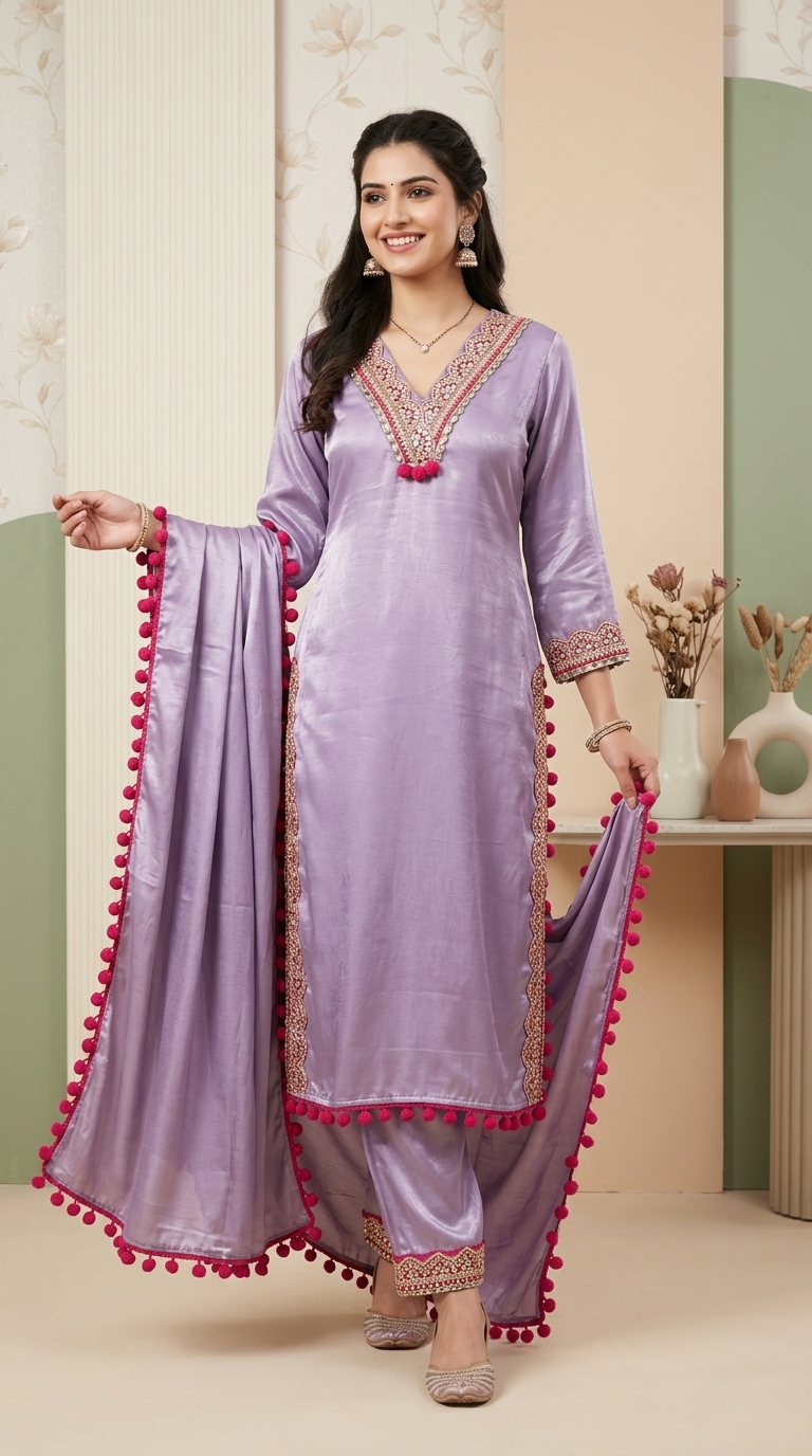 Purple Satin Kurta Set view 2