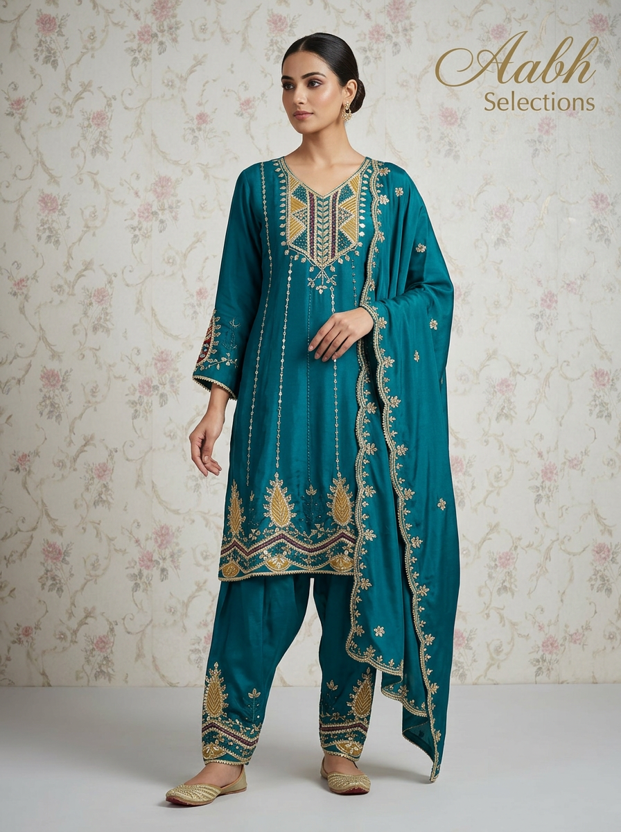 Teal Embroidered Suit Set view 2