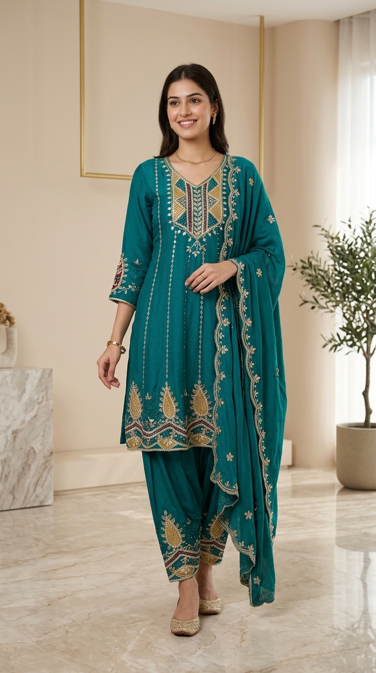 Teal Embroidered Suit Set view 3