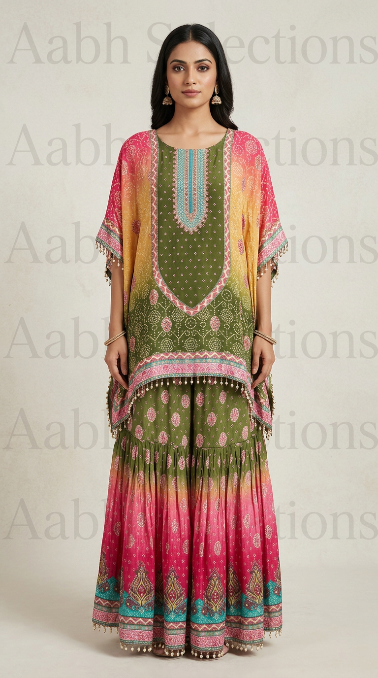Embroidered Green and Pink Kurta Set view 4