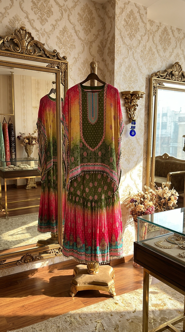 Embroidered Green and Pink Kurta Set view 3