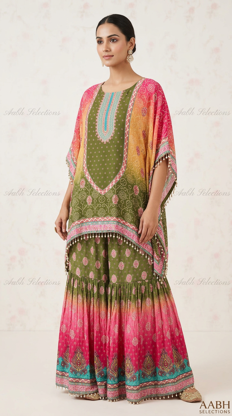 Embroidered Green and Pink Kurta Set view 2