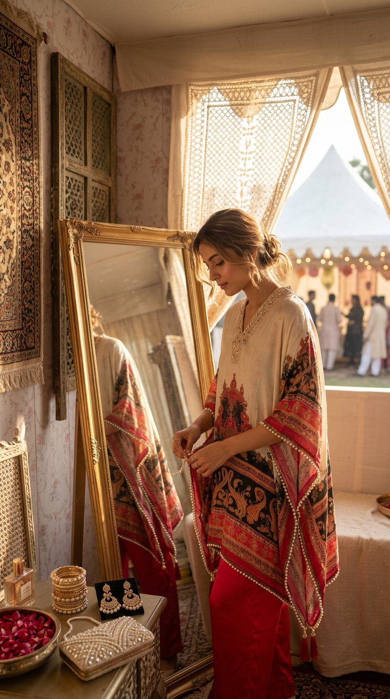 Embellished Kaftan with Red Pants