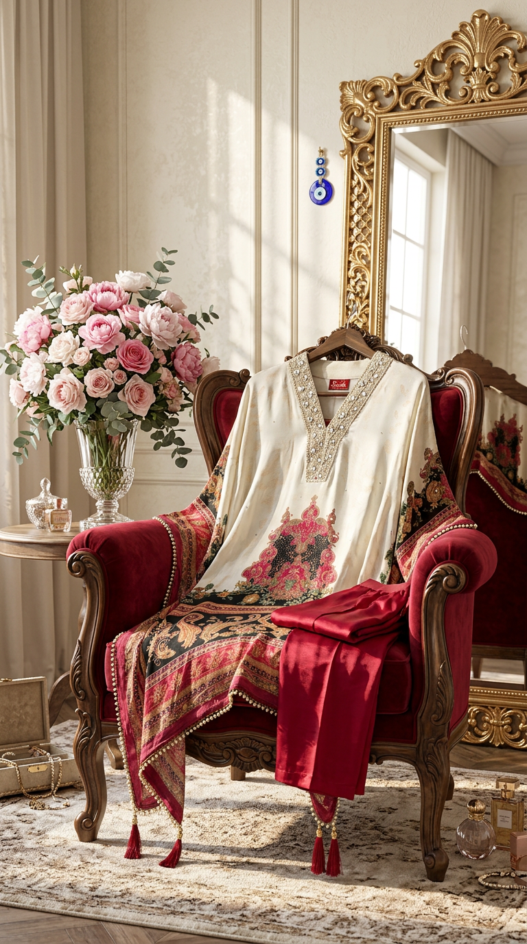 Embellished Kaftan with Red Pants view 2