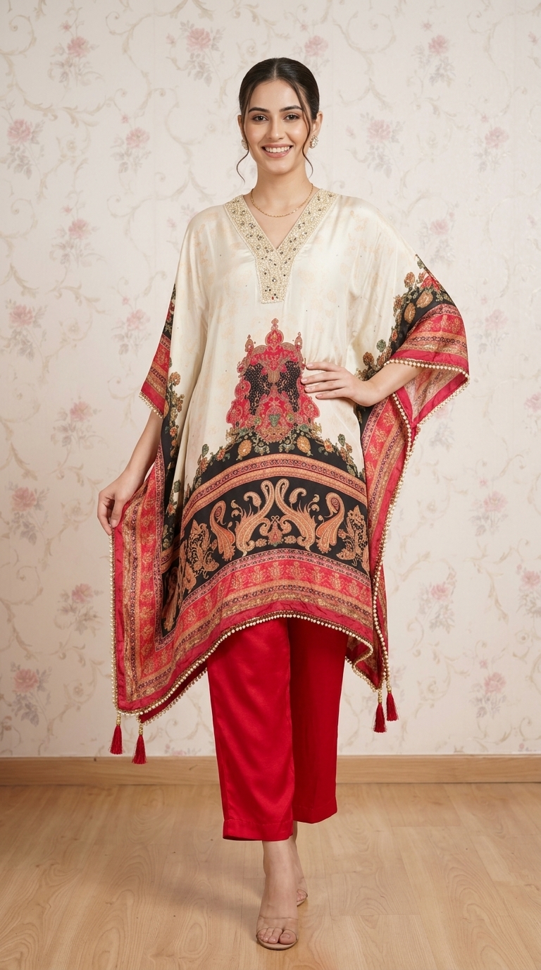 Embellished Kaftan with Red Pants view 4