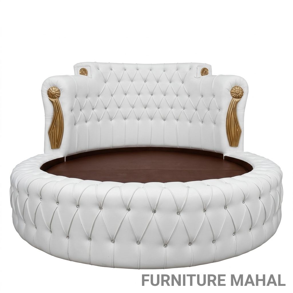 Luxury White Faux Leather Round Bed view 2