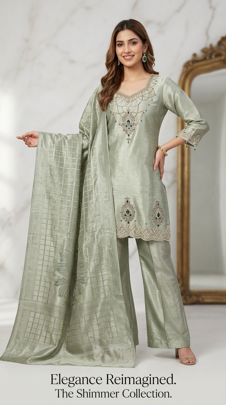 Embroidered Green Cotton Kurta Set view 3