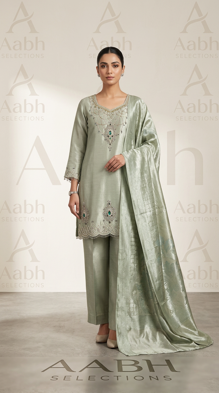 Embroidered Green Cotton Kurta Set view 2