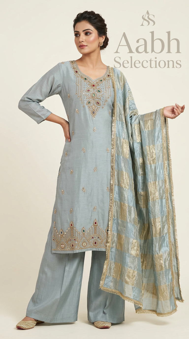 Light Blue Embroidered Kurta Set view 3