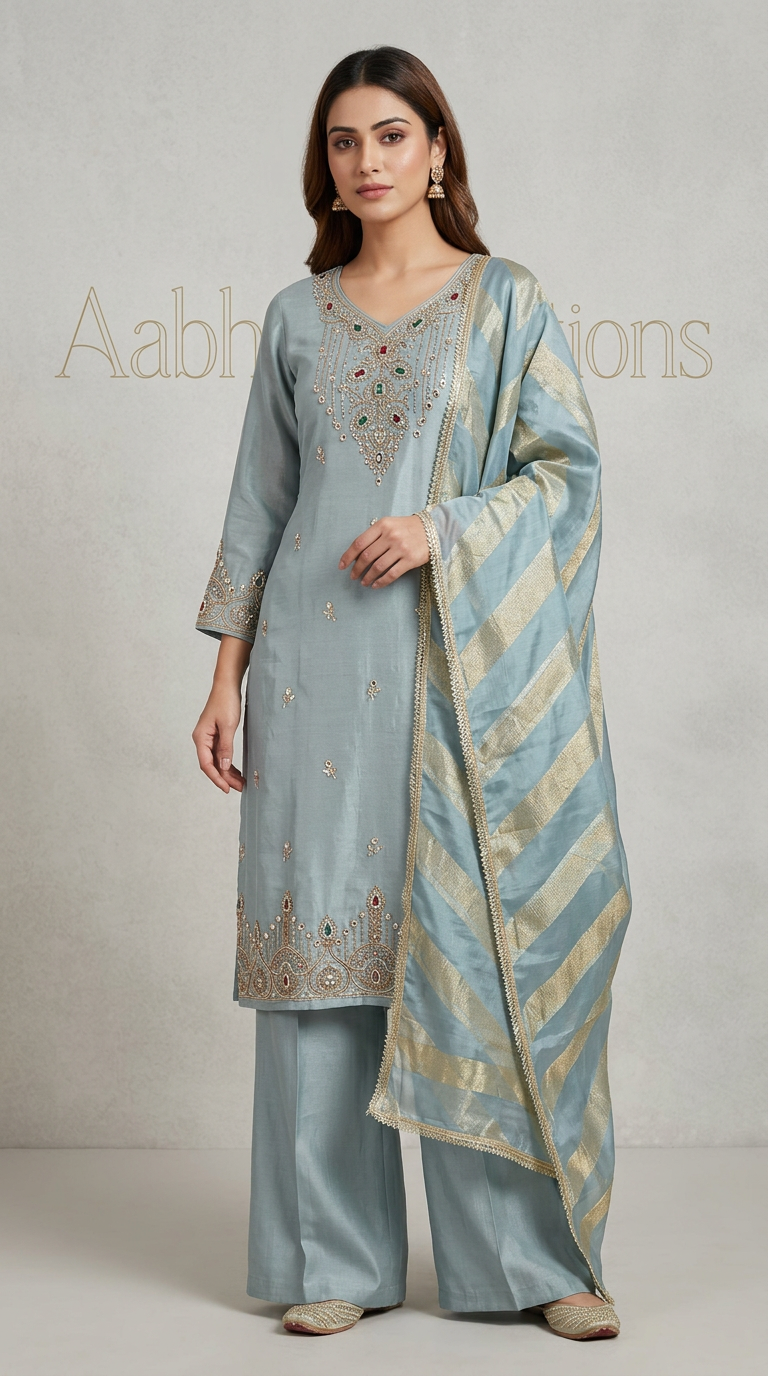Light Blue Embroidered Kurta Set view 4