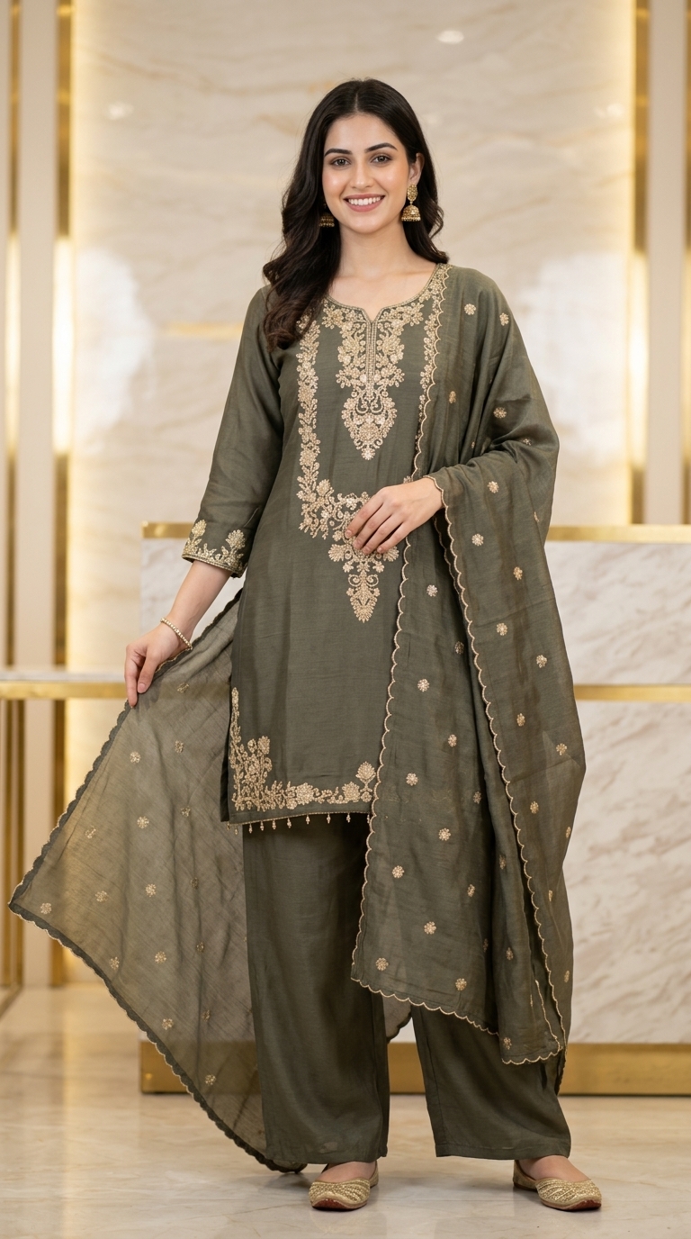 Embellished Olive Green Cotton Suit