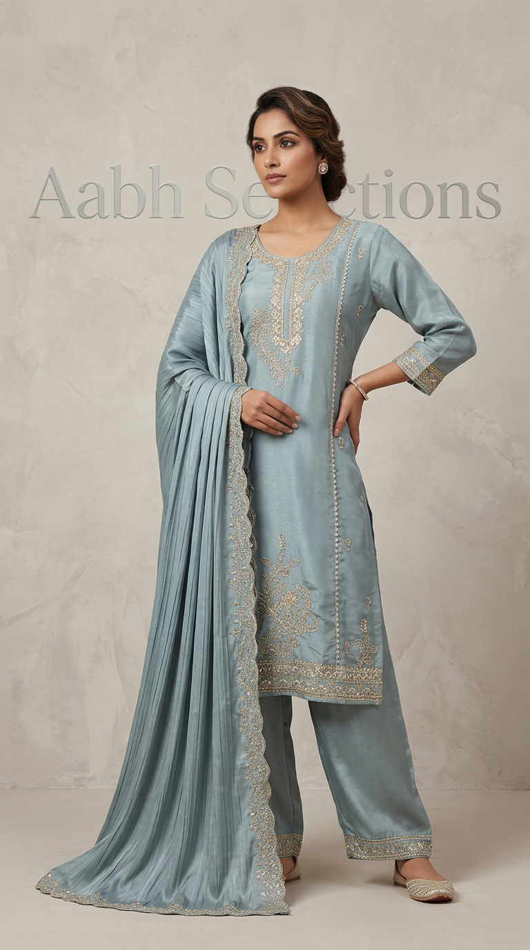 Embellished Silk A-Line Suit view 3
