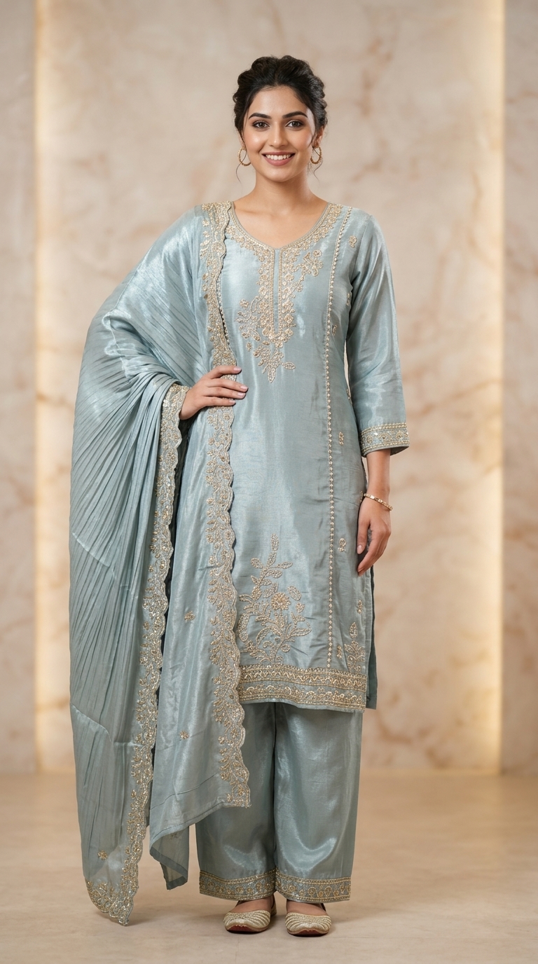 Embellished Silk A-Line Suit view 4