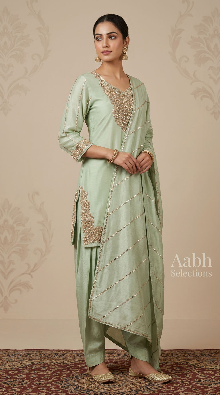 Embellished Green Cotton Suit