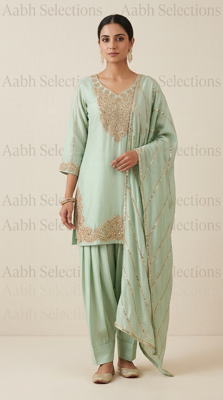 Embellished Green Cotton Suit view 2