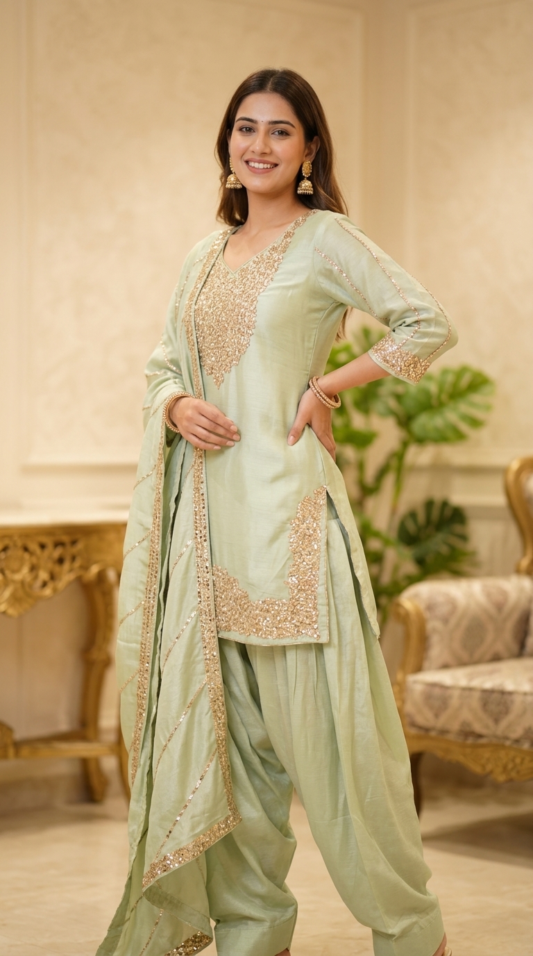 Embellished Green Cotton Suit view 3