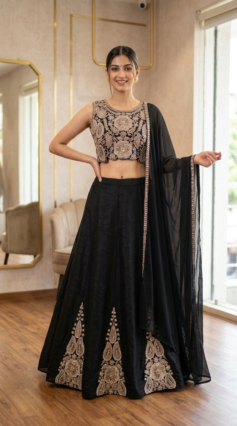 Black Embroidered Crop Top and Pant Set view 3