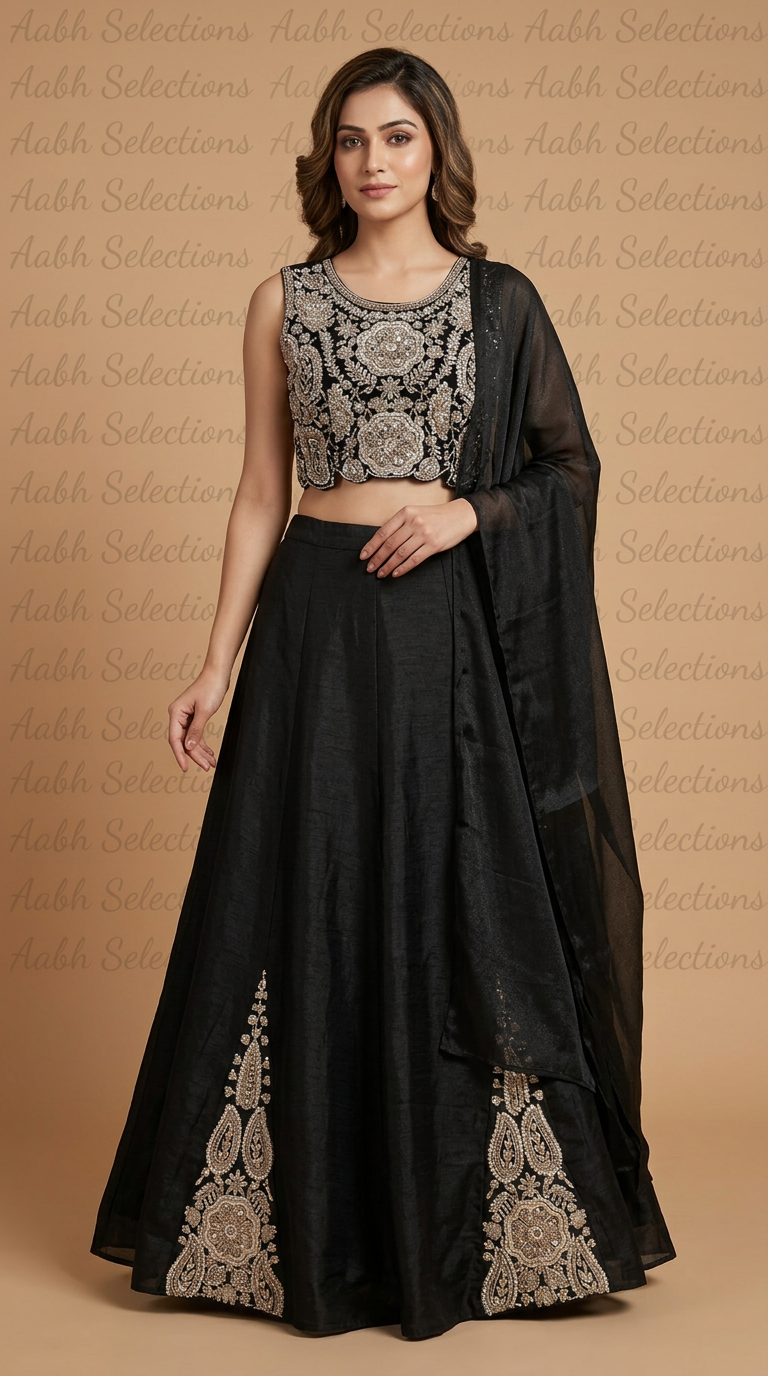 Black Embroidered Crop Top and Pant Set
