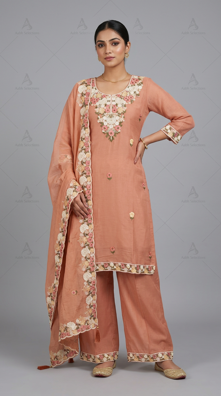 Peach Embroidered Kurta Set view 3