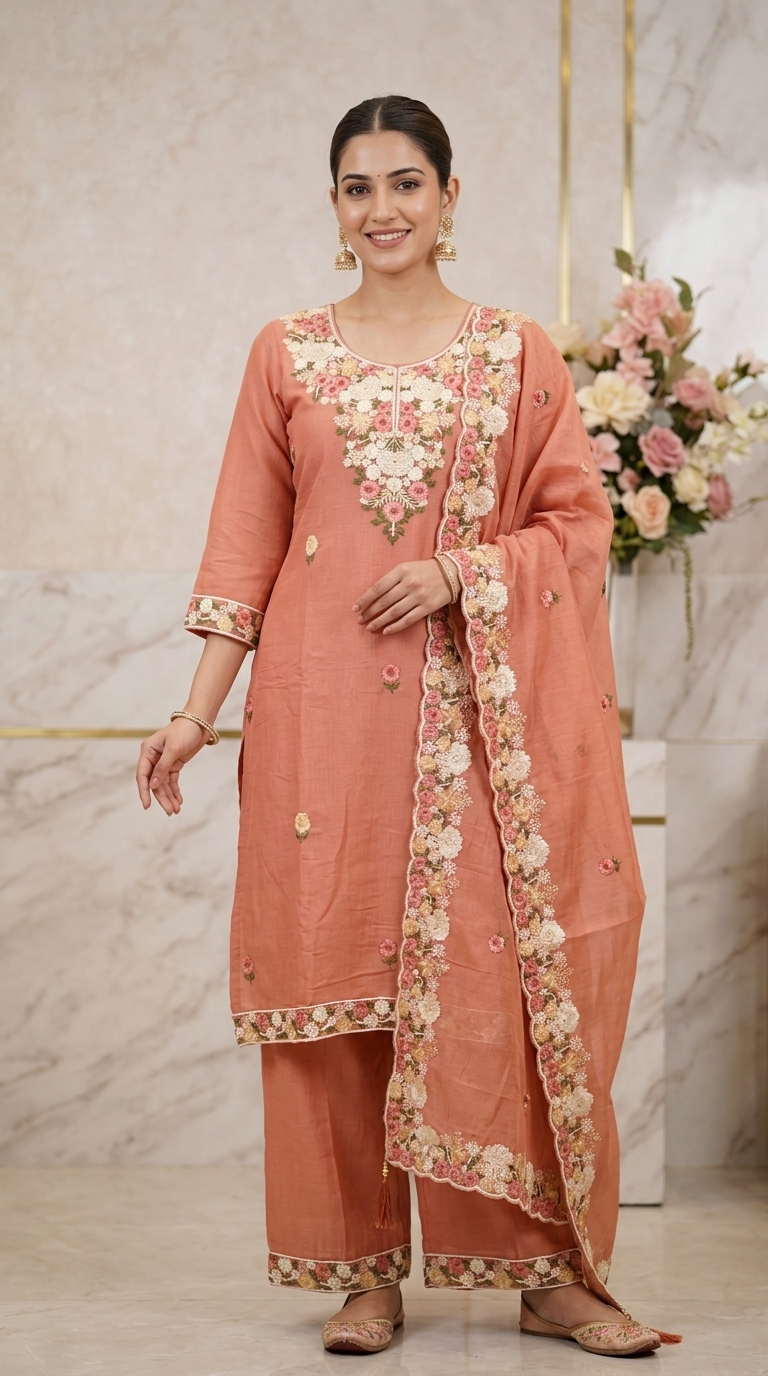 Peach Embroidered Kurta Set view 4