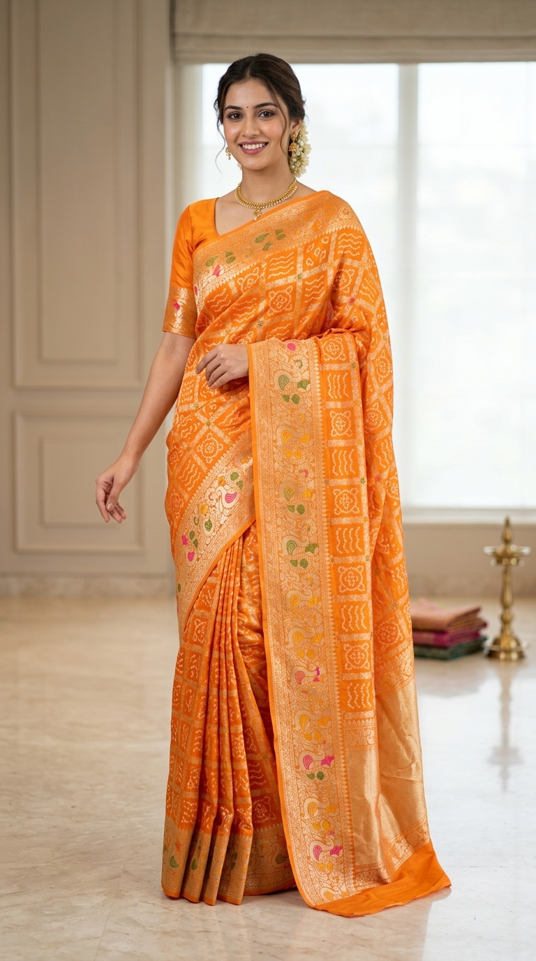 Embroidered Orange Saree